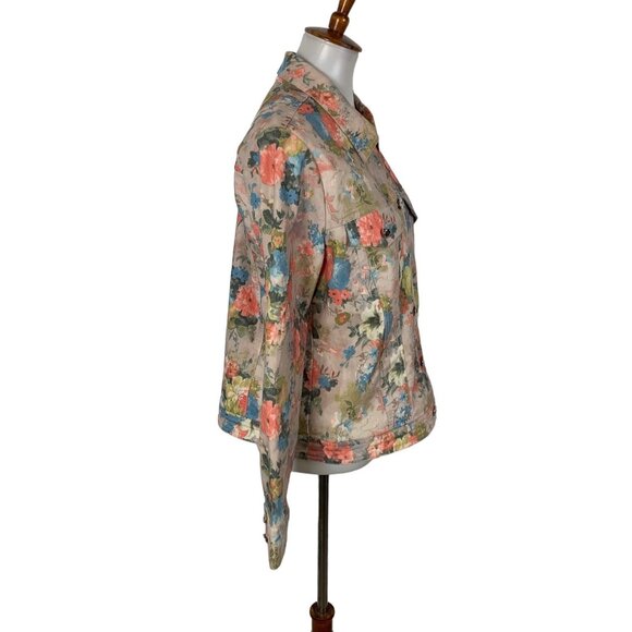 Simon Chang Denim Jacket 12 Floral Print Vintage Retro Artsy Statement - Picture 2 of 6